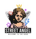 Antique angel with symbols drawn by graffiti and slogan for t-shirt design.